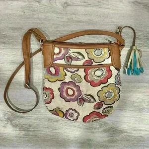 Relic Floral Canvas Faux Leather Medium Crossbody Purse Shoulder Bag Zip Close